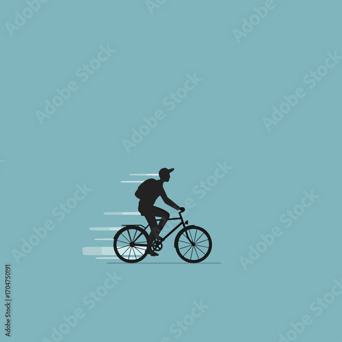Minimalist Vector Illustration of Man Riding Bicycle in Modern Style with Monochrome Blue Color Scheme for Eco Friendly Transport