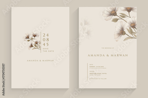 Aesthetic Wedding Invitation Template with White Flower Watercolor Arrangement