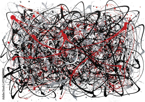 Abstract expressionist drip painting with chaotic black red and white lines creating energetic motion and texture