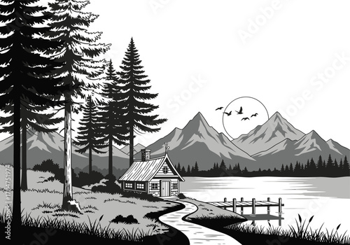 Serene black and white illustration of a rustic cabin by a lake with mountains and pine trees
