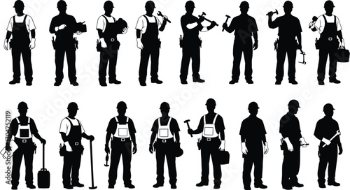 Collection of diverse silhouettes of construction workers and tradespeople posing with tools and equipment