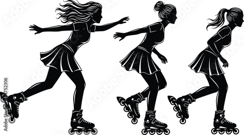 Dynamic silhouette of three young women roller skating in motion with flowing hair and skirts