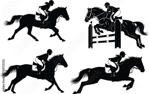 Dynamic silhouettes of equestrian horseback riders in various poses showcasing horse jumping and galloping action