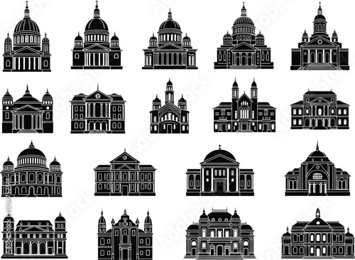 Collection of silhouetted architectural building icons featuring classical and government structures