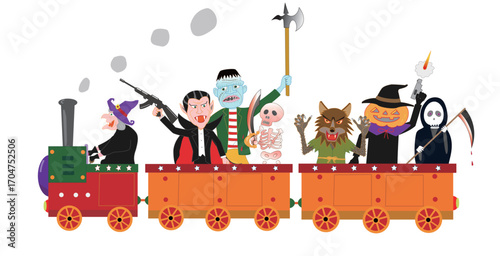 蒸気機関車でパレードしているハロウィンのキャラクターたち。