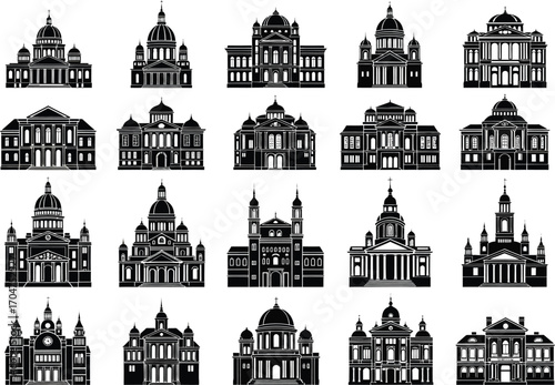 Collection of silhouetted architectural styles of grand european buildings and monuments in black and white
