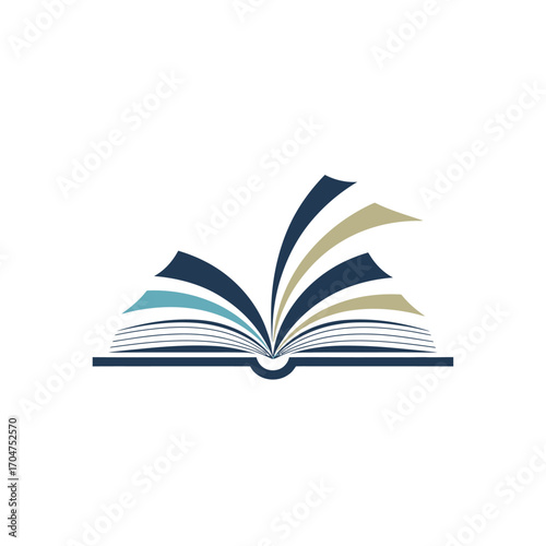 Open book logo design, stylized illustration of an open book with colorful pages.