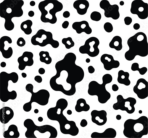 Abstract black and white organic shapes forming a playful and irregular spotted pattern on a white background