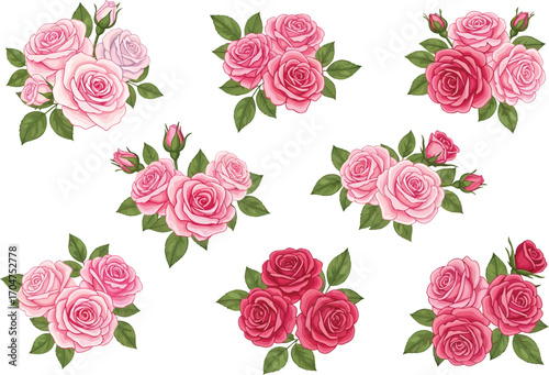 Collection of beautiful watercolor illustrations of pink and red roses with green leaves on a white background