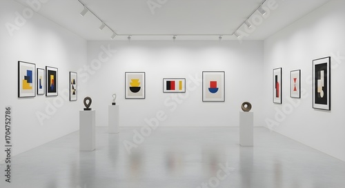 Modern  gallery interior showcasing abstract paintings and sculptures on white pedestals
