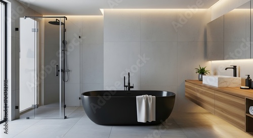 Modern minimalist bathroom featuring a black bathtub glass shower and wooden vanity with a marble sink