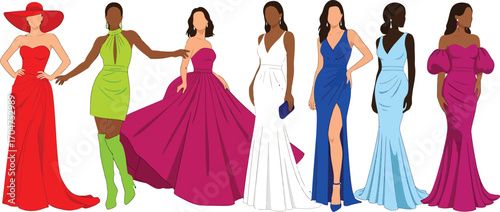 Diverse group of women in elegant floor length gowns showcasing vibrant colors and stylish designs on a white background
