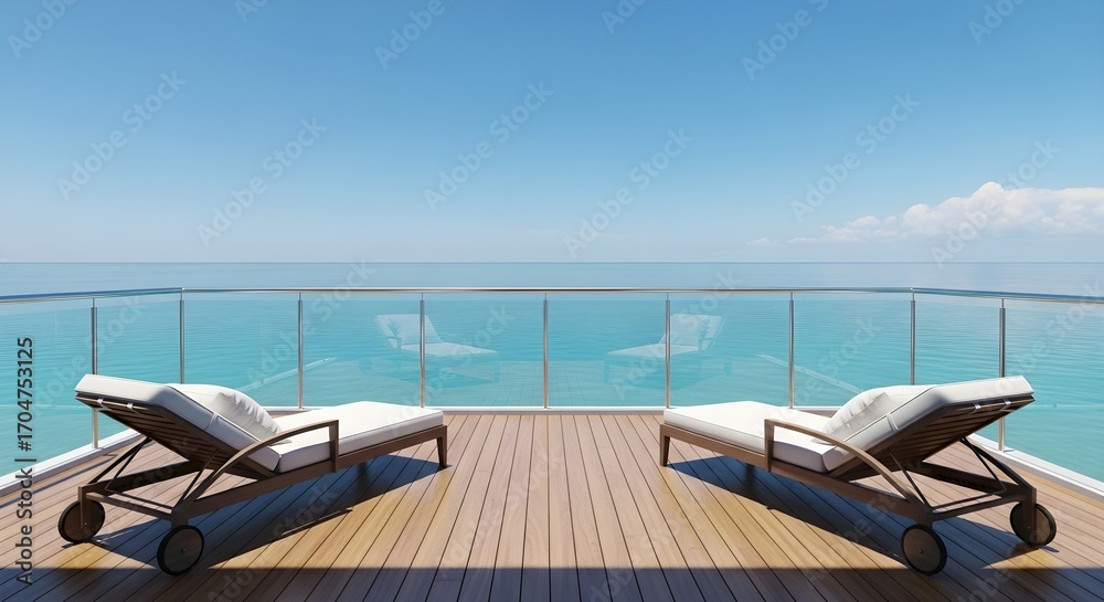 Fototapeta premium Two empty lounge chairs on a wooden deck overlooking a tranquil turquoise ocean under a clear blue sky