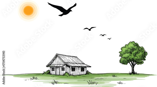 Idyllic rural landscape with a quaint thatched roof cottage a lone tree and birds flying in a clear sky with a bright sun