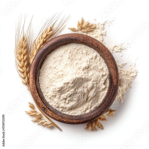 Wheat flour in a wooden bowl, surrounded by wheat stalks