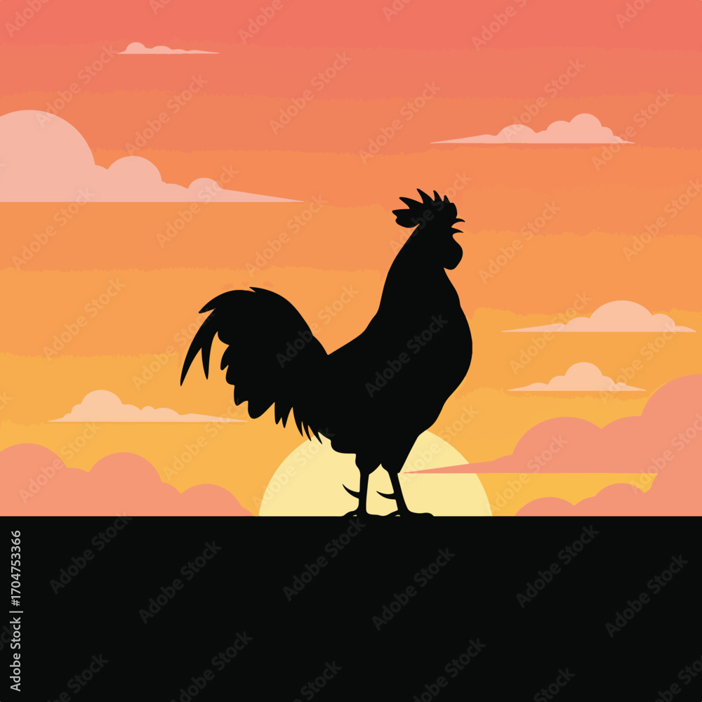 Fototapeta premium Silhouette Vector Illustration of Rooster in Sunset with Organic Shapes and Warm Gradient Colors in Modern Minimalist Style