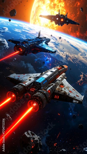 Spaceships battling in space near a giant, fiery sun