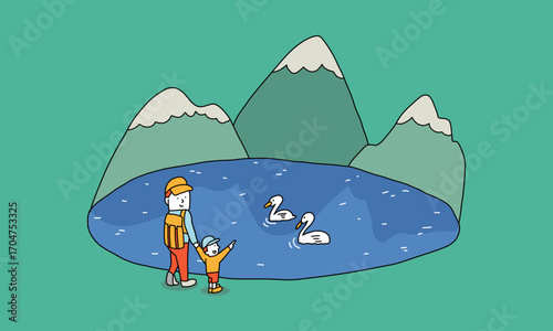 大自然　山々が水面に映りこむ湖で白鳥を見ている親子のイラスト