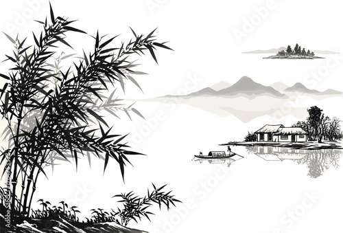 Traditional chinese ink wash painting of a serene lakeside village with bamboo and distant mountains