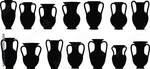 Collection of diverse ancient greek roman amphora vases and pottery silhouettes on a white background