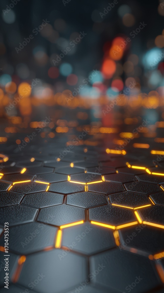 Fototapeta premium Dark metallic hexagonal mesh with glowing golden edges and cyberpunk lighting