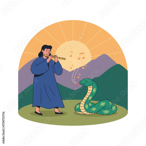 Folkloric illustration of a skilled snake charmer playing a flute to enchant a swaying serpent in a serene mountain landscape