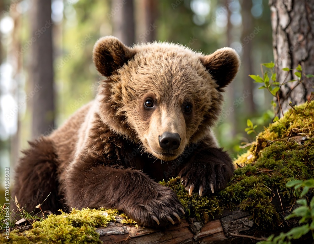 Fototapeta premium Cute bear cub in forest