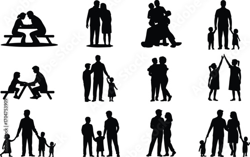 Family silhouette, parents with children, bonding moments, parenting concept, outdoor activities, father mother kids, family interaction, happy childhood, parenting support, family love scene.