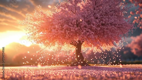 Cherry Blossom in Spring: A captivating spring scene featuring a cherry blossom tree in full bloom. Petals cascade gently in the air as the sun sets creating a vibrant and romantic atmosphere.