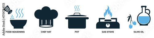 Set of cooking icon vector. Perfect for menus, food blogs, and kitchen themes. A versatile collection of simple, recognizable symbols representing various cooking activities and tools.