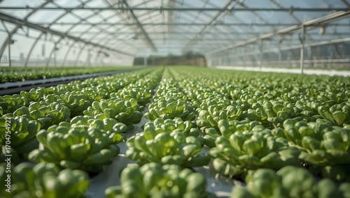 Rows of fresh lettuce growing in a modern greenhouse farm under bright sunlight