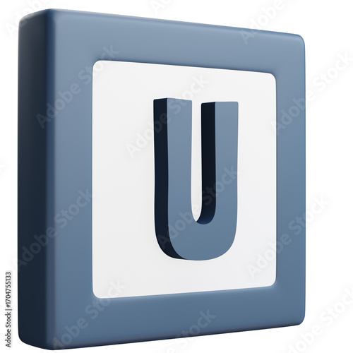 3D Letter U Icon – Blue and White Block Style Alphabet