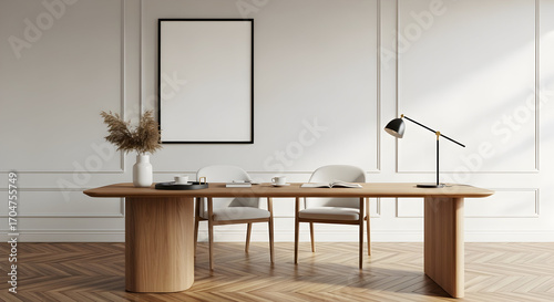 Modern minimalist home office design with wooden desk and chairs neutral color palette