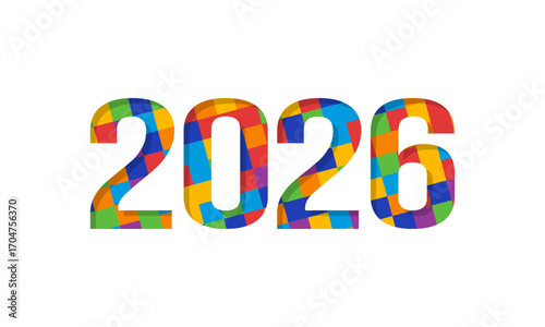 2026 rainbow squares mosaic, happy new year greetings template, annual report or brochure cover design, social media post mockup