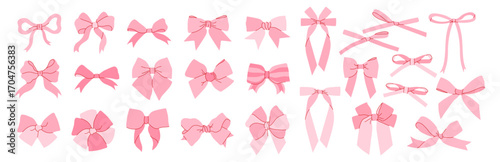 Set of cute pink bows. Soft pastel ribbons isolated on white background. Decorative elements for design, cards, and gifts.