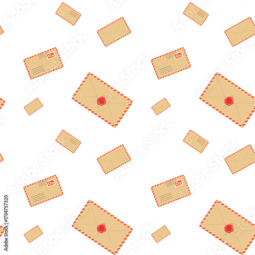 Colorful envelopes scattered across a white background create a cheerful postal theme