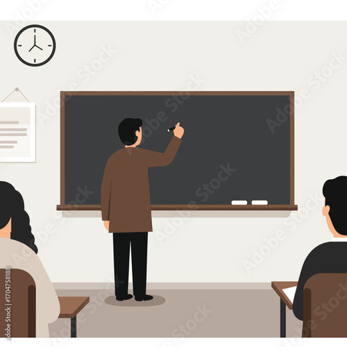 Minimalist Vector Illustration of Teacher Writing on Chalkboard in Modern Classroom Style with Neutral Colors for Educational and School Design