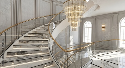 Wallpaper Mural Elegant spiral staircase with marble steps glass railing and crystal chandelier in a grand interior Torontodigital.ca