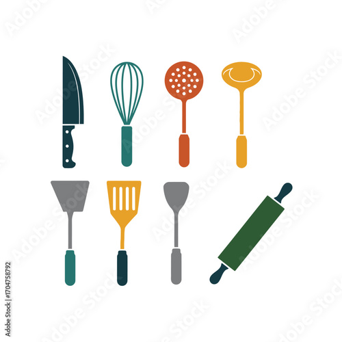 Colorful Kitchen Utensils - Knife, Whisk, Ladle, and Spatula.