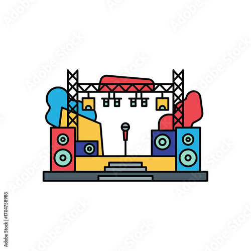 Colorful Stage Setup with Microphone and Speakers Illustration.