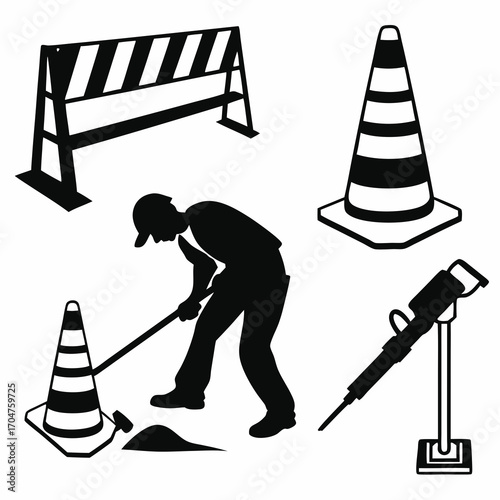 Silhouette of construction worker with shovel near traffic cone and jackhammer with barrier and traffic cone in background