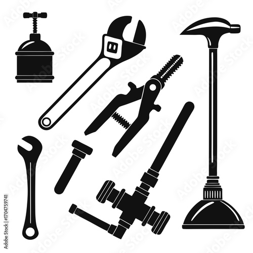 Collection of black silhouette plumbing tools including wrenches pliers pipe fittings plunger and a caulking gun on a white background