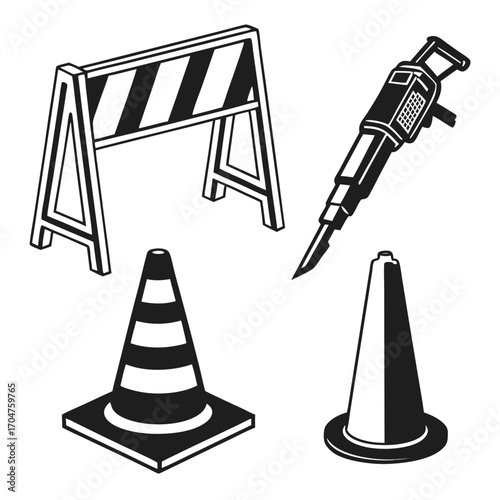 Set of construction and road safety equipment icons including a jackhammer traffic cones and a barrier presented in a clean isometric vector style