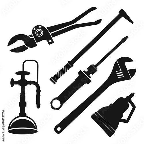 Collection of black silhouette plumbing and repair tools including a plunger pipe wrench screwdriver and cutters on a white background