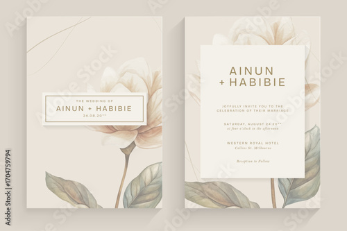 Aesthetic Wedding Invitation Template with White Flower Watercolor Arrangement