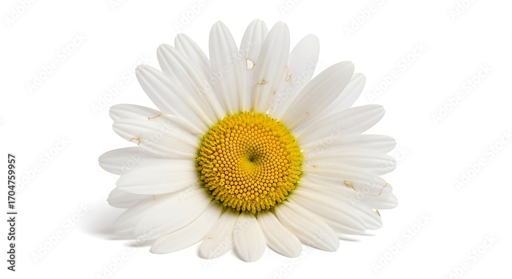 Obraz premium Beautiful white daisy flower with a vibrant yellow center isolated on a clean white background.