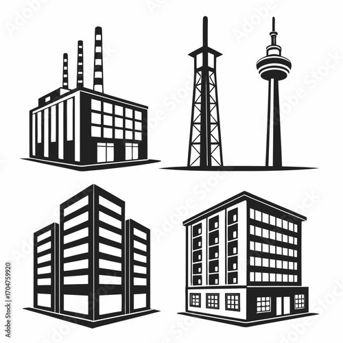 Collection of black and white vector icons representing various architectural structures including factories towers and modern buildings