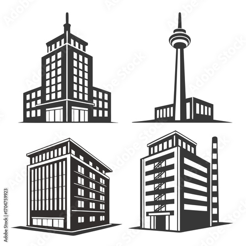 Set of four distinct architectural building silhouettes including a skyscraper a tower a modern office building and an industrial structure