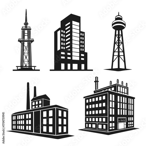 Collection of black silhouette icons representing various architectural structures including modern skyscrapers industrial factories and communication towers on a white background
