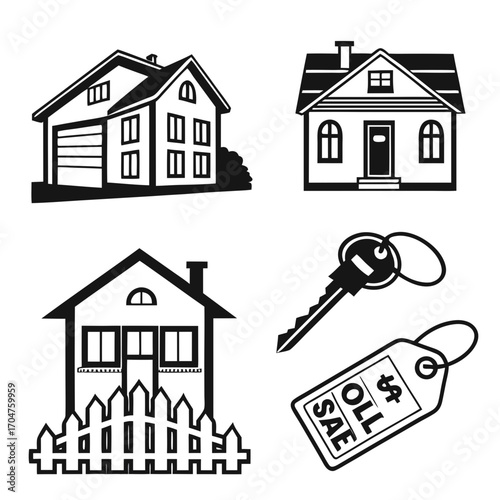 Collection of simple black and white icons representing houses a key and a sale tag for real estate and property concepts